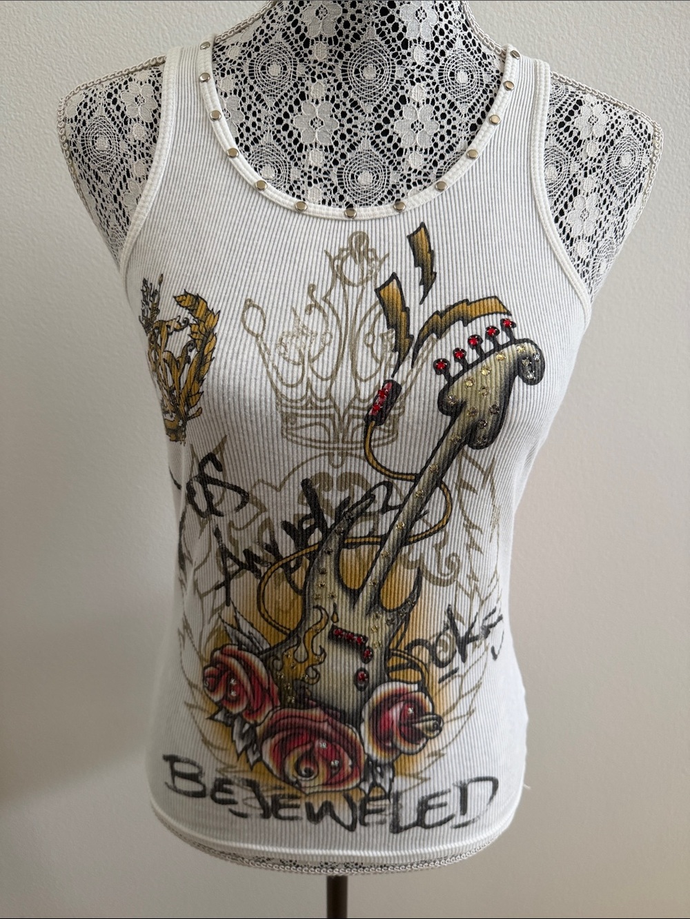 Y2K Bejeweled Graphic Ribbed Tank Top - White with Gold & Red Accents